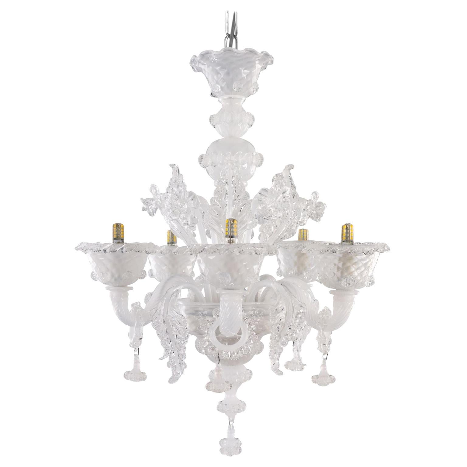 Artistic Rich Chandelier 5 Arms white-clear Murano Glass by Multiforme in stock For Sale