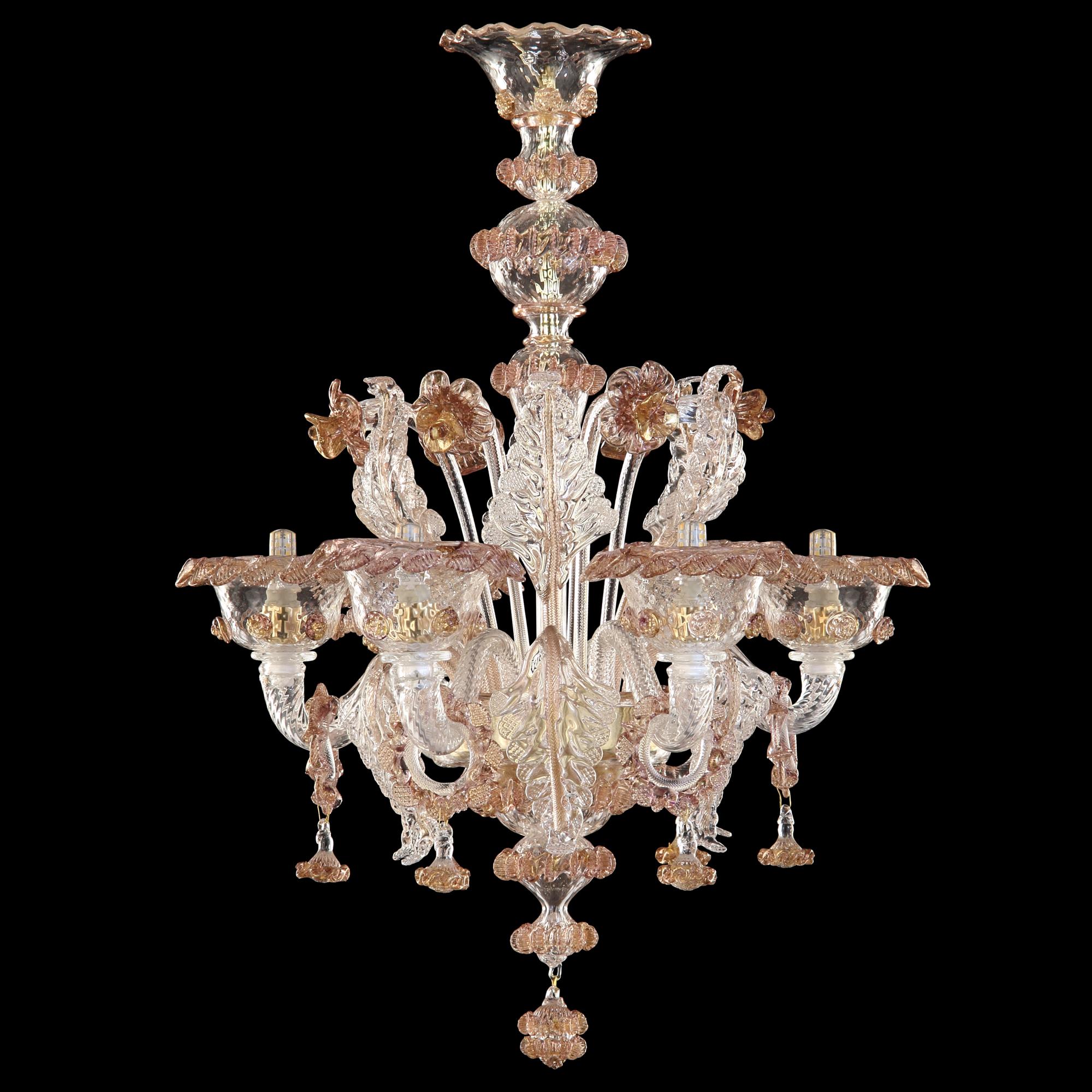 Contemporary Artistic Rich Chandelier, 6 Arms Clear Murano Glass, Color Details by Multiforme For Sale