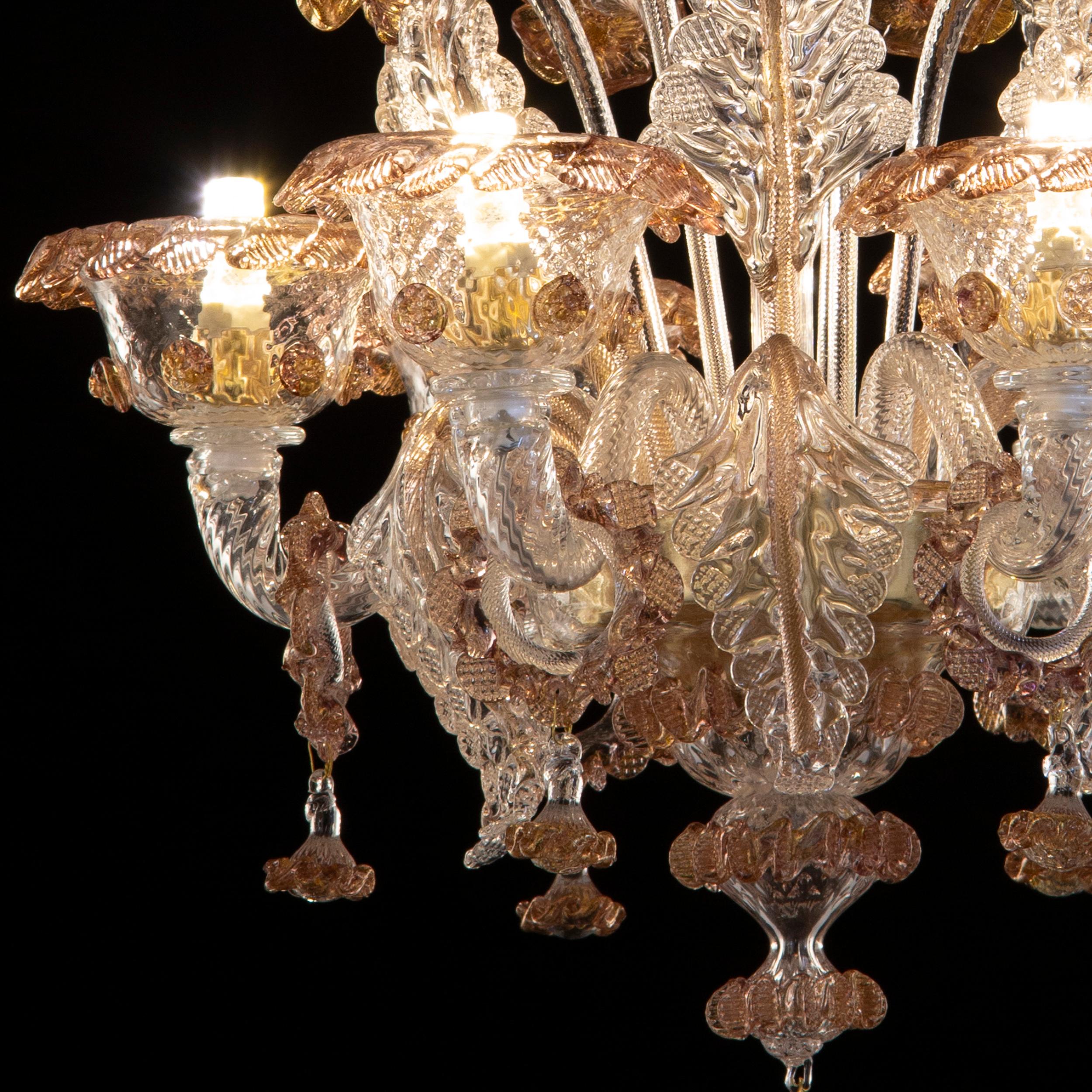 Blown Glass Artistic Rich Chandelier, 6 Arms Clear Murano Glass, Color Details by Multiforme For Sale