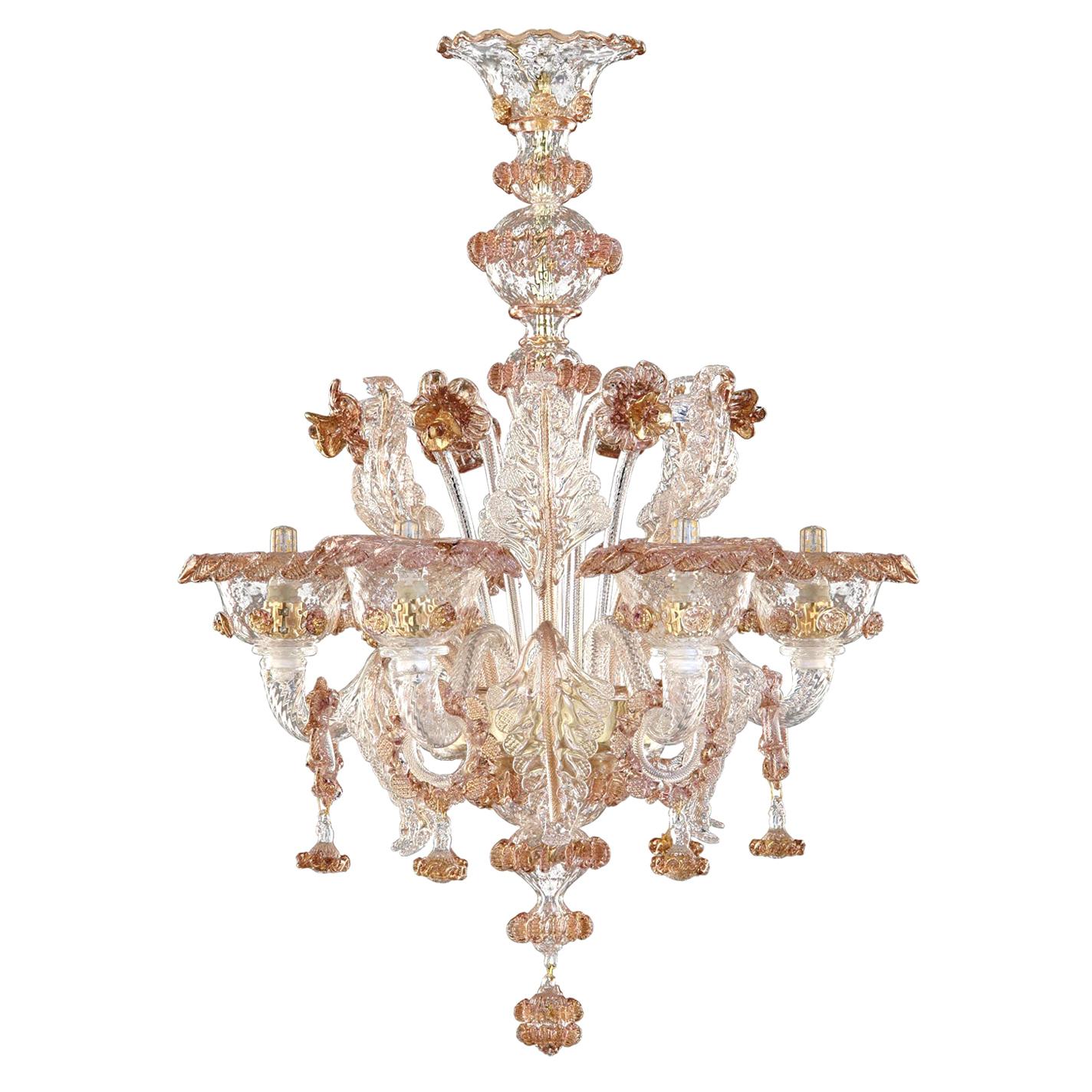 Artistic Rich Chandelier, 6 Arms Clear Murano Glass, Color Details by Multiforme For Sale