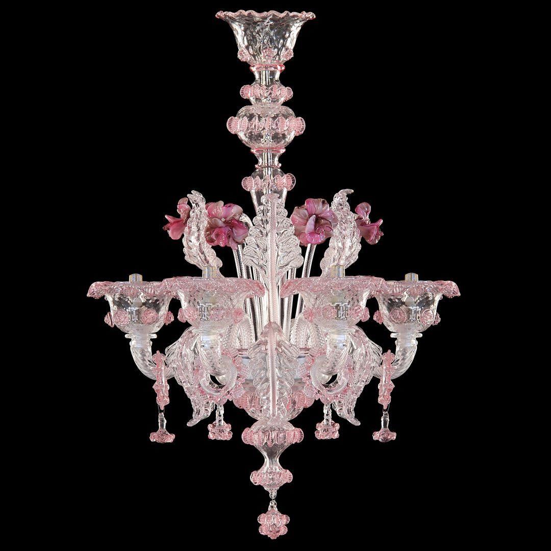 Vetro soffiato Ricco lampadario artistico, cristallo a 6 bracci, vetro di Murano rosa di Multiforme in vendita