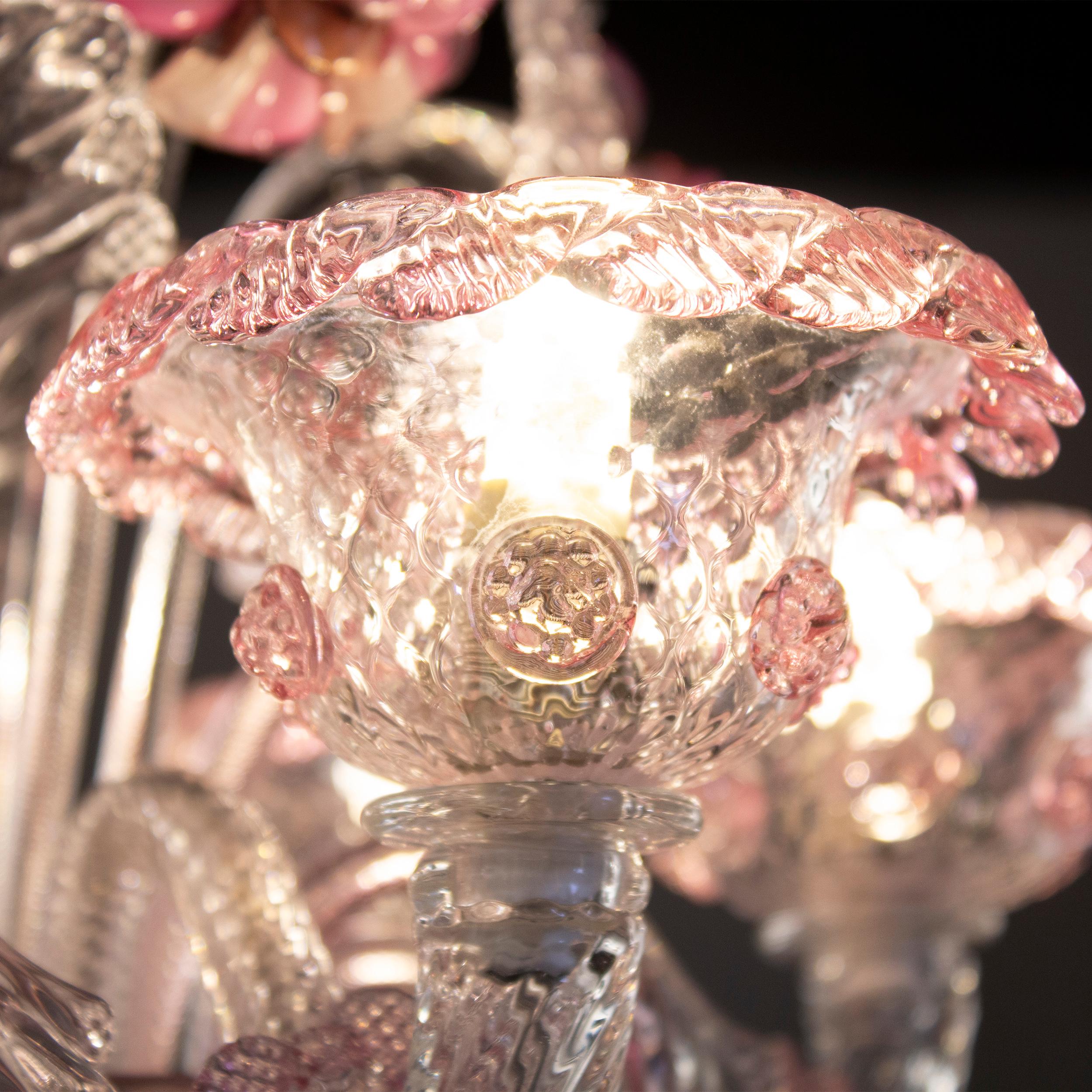 Ricco lampadario artistico, cristallo a 6 bracci, vetro di Murano rosa di Multiforme in vendita 1