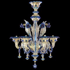 Lampadario artistico a 6 bracci in vetro di Murano oro con dettagli blu di Multiforme