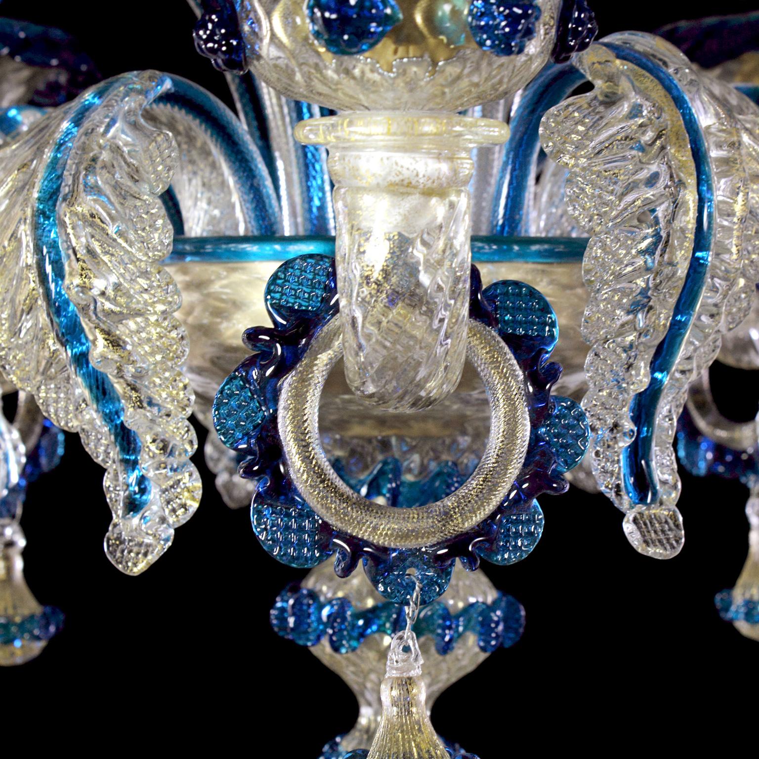 Other Artistic Rich Chandelier, 6 Arms Gold Murano Glass Blue Details by Multiforme For Sale