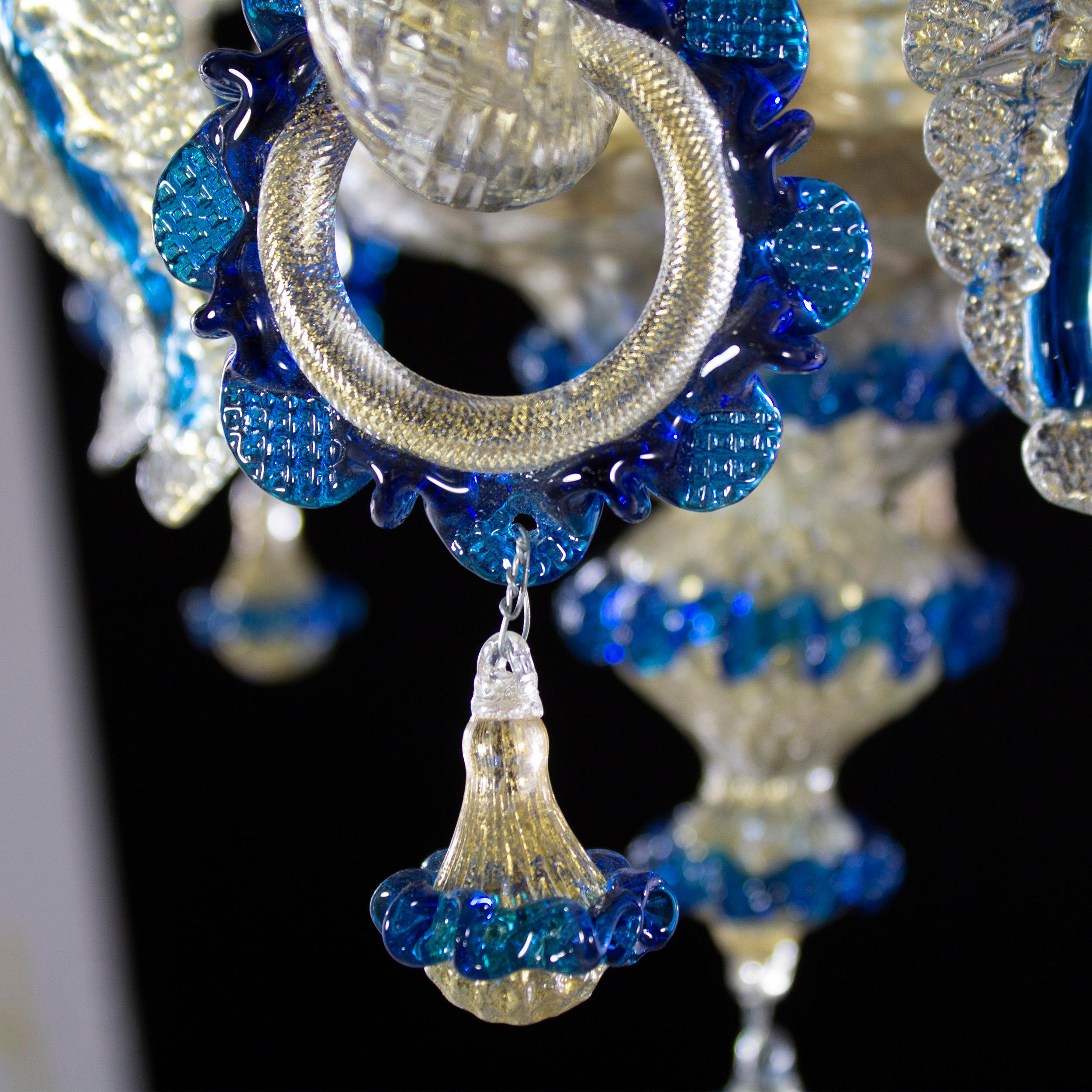 Blown Glass Artistic Rich Chandelier, 6 Arms Gold Murano Glass Blue Details by Multiforme For Sale