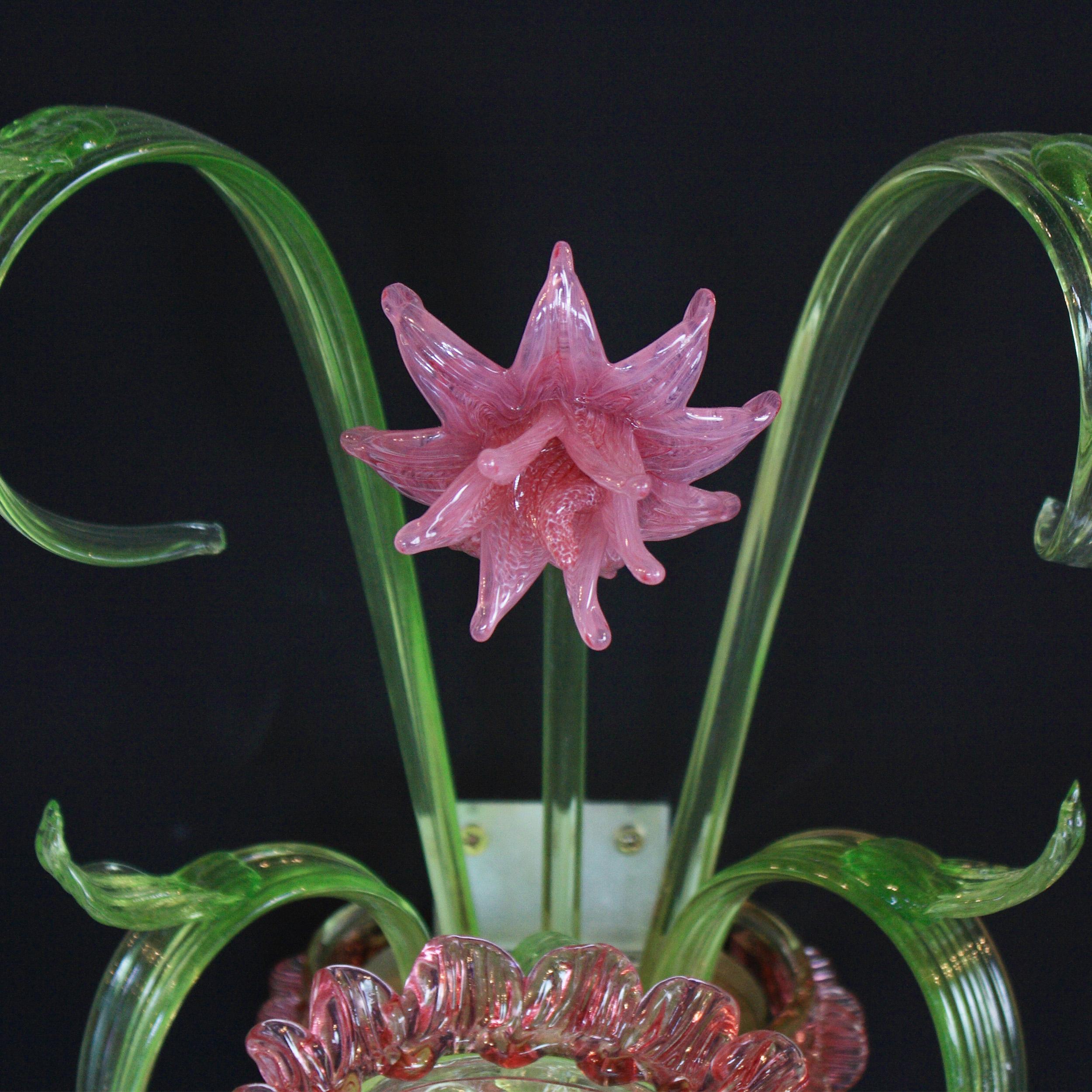 Other Artistic Sconce 1 Arm Green Murano Glass Pink Details by Multiforme in Stock For Sale