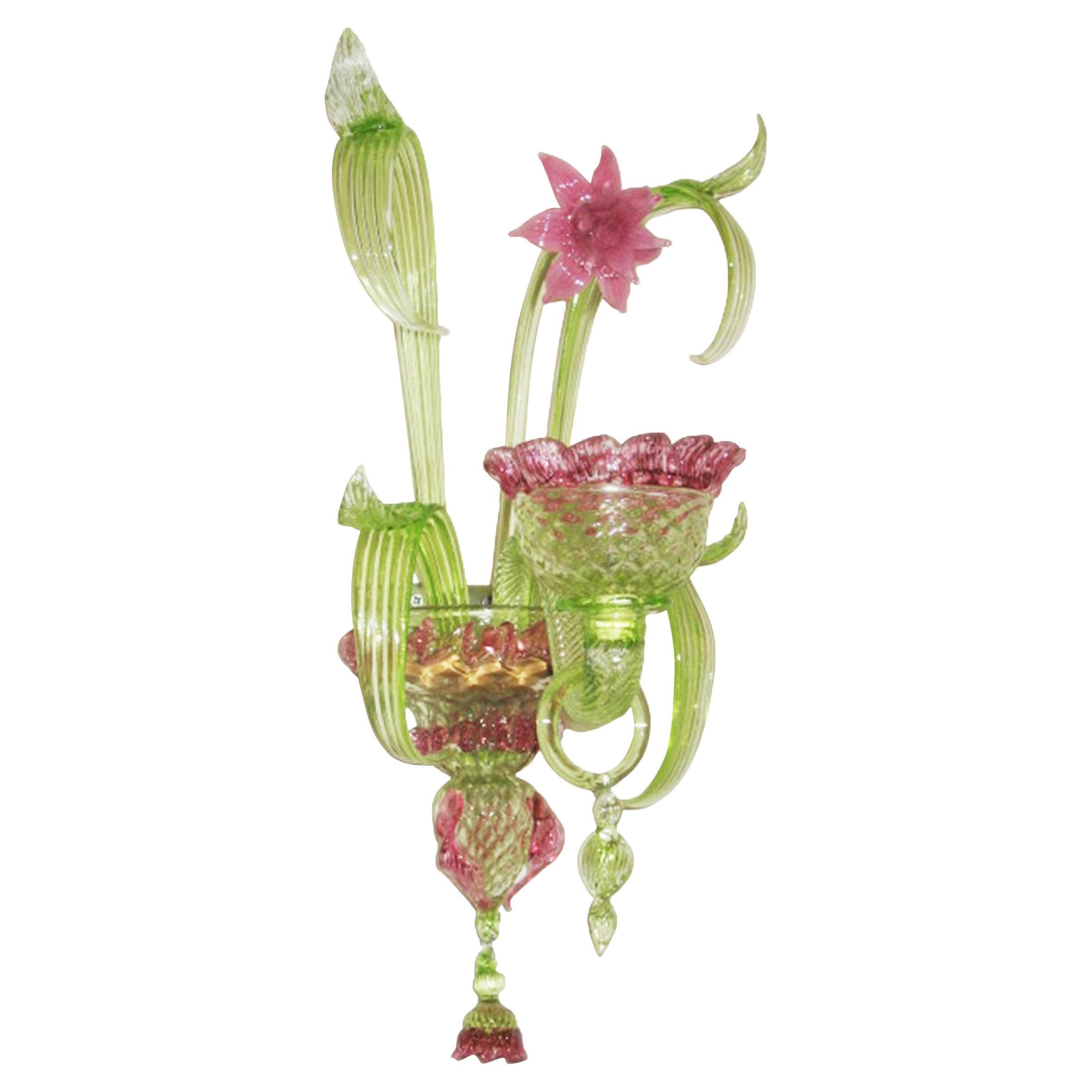 Artistic Sconce 1 Arm Green Murano Glass Pink Details by Multiforme in Stock For Sale