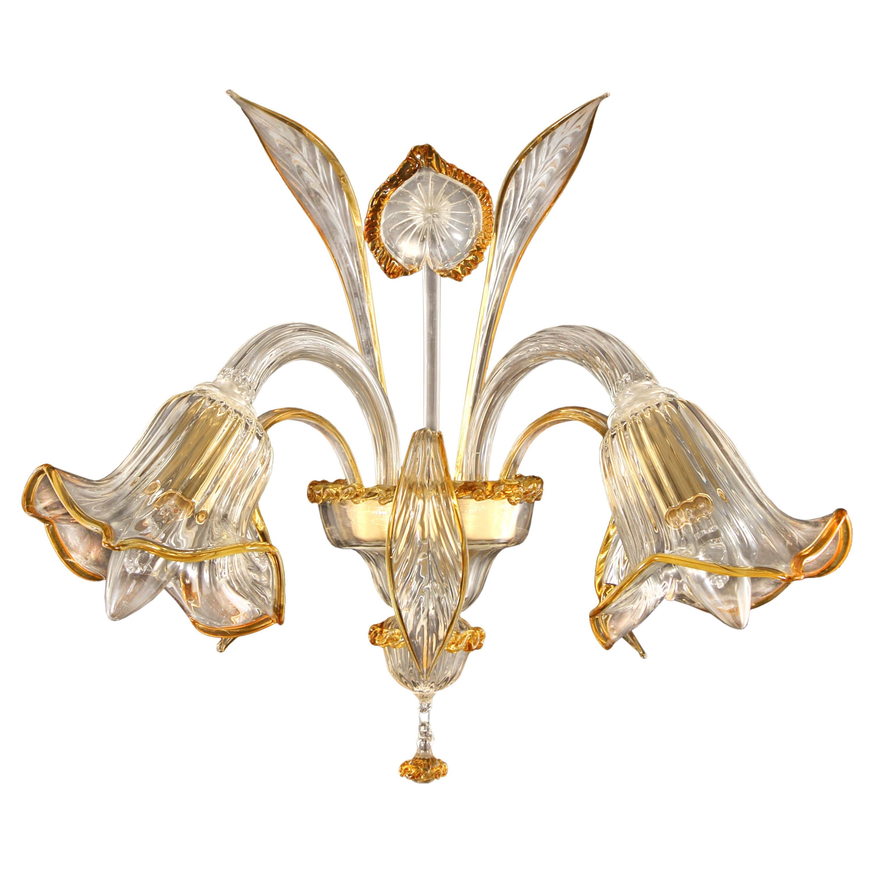 Artistic Sconce 2 Arms, Clear Murano Glass Amber Colour Details by Multiforme For Sale