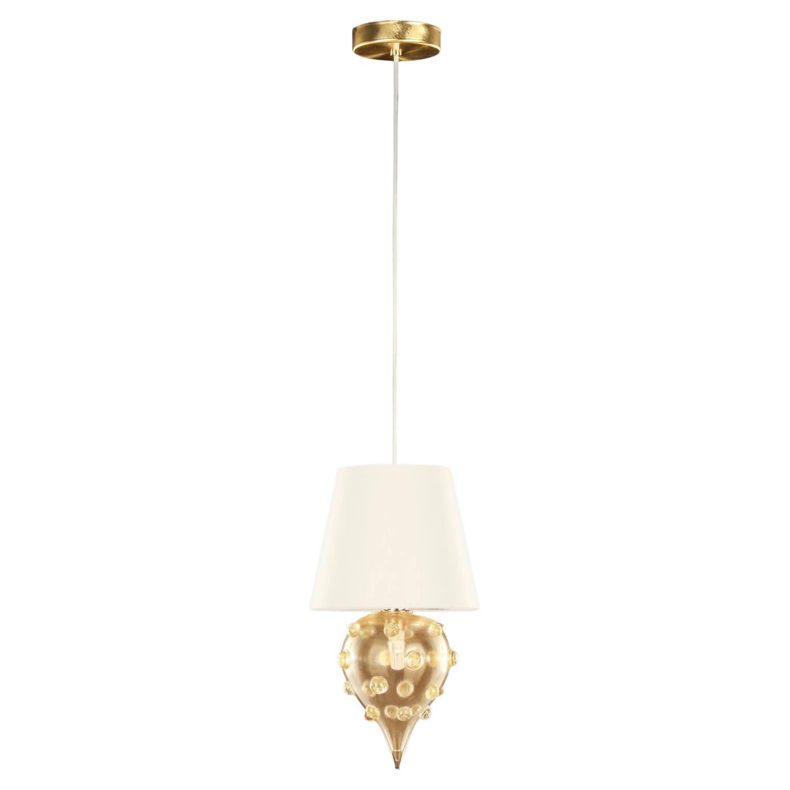 Artistic Suspension 1 Light, Golden Leaf Glass, Ivory Lampshade by Multiforme