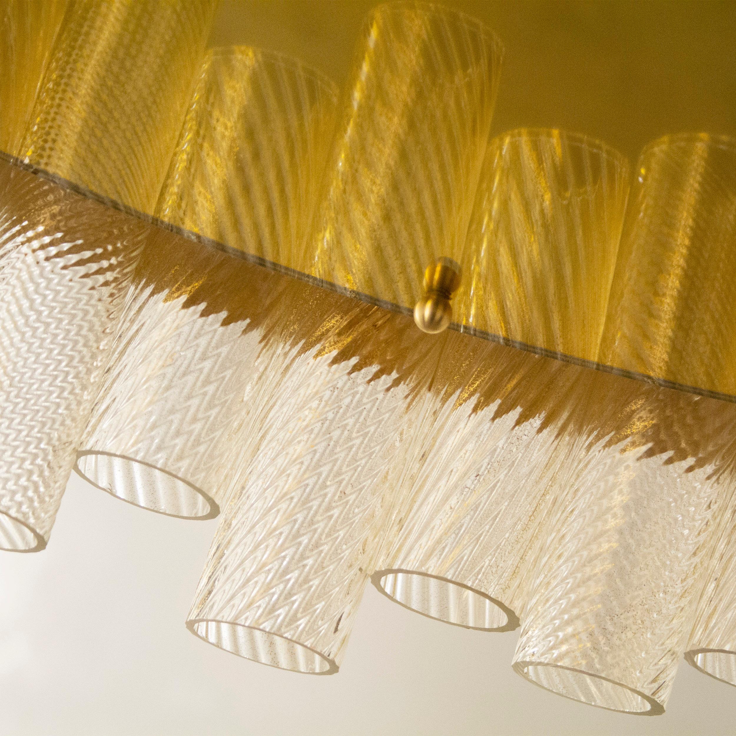 Italian Artistic Suspension Gold Leaf Glass Tubes, Brushed Gold Fixture by Multiforme For Sale