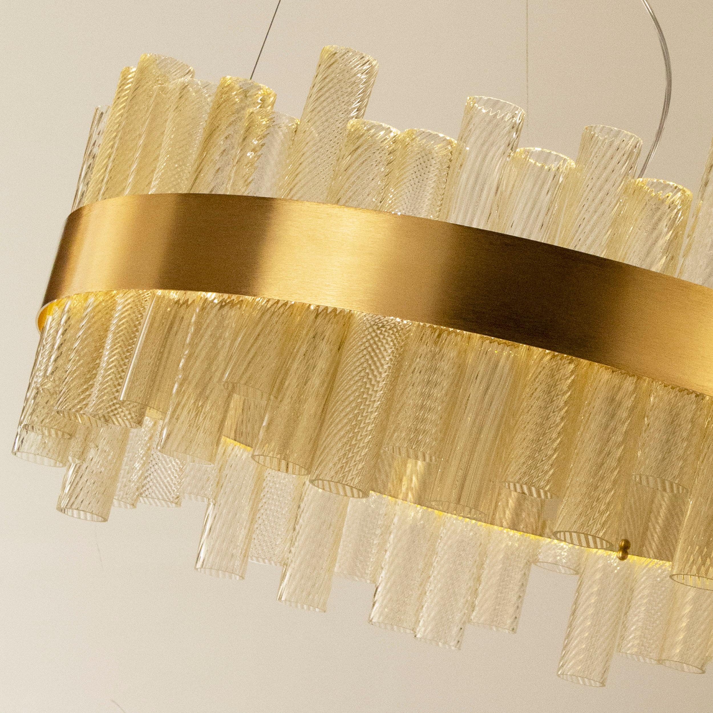 Blown Glass Artistic Suspension Gold Leaf Glass Tubes, Brushed Gold Fixture by Multiforme For Sale