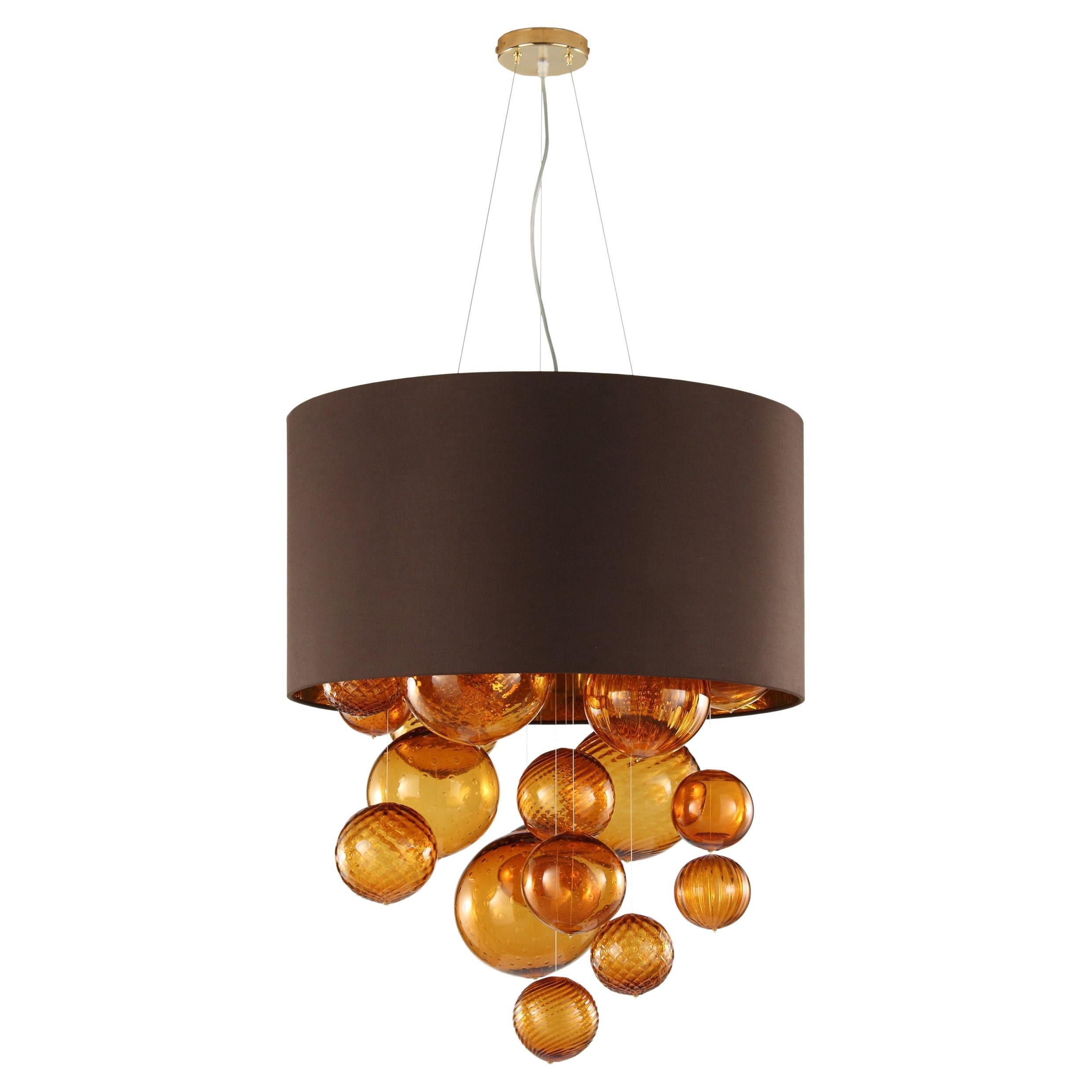 Artistic Suspension Lamp Amber Glass Elements, Brown Lampshade by Multiforme For Sale