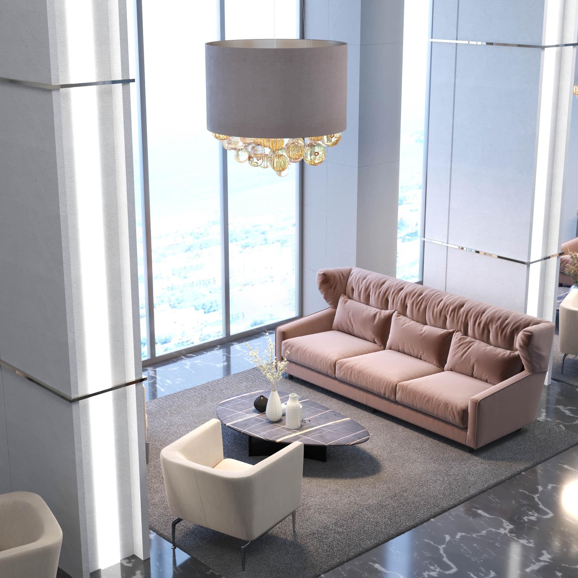 Italiano Lampada a sospensione artistica Elementi in vetro ambrato, paralume bianco di Multiforme in vendita