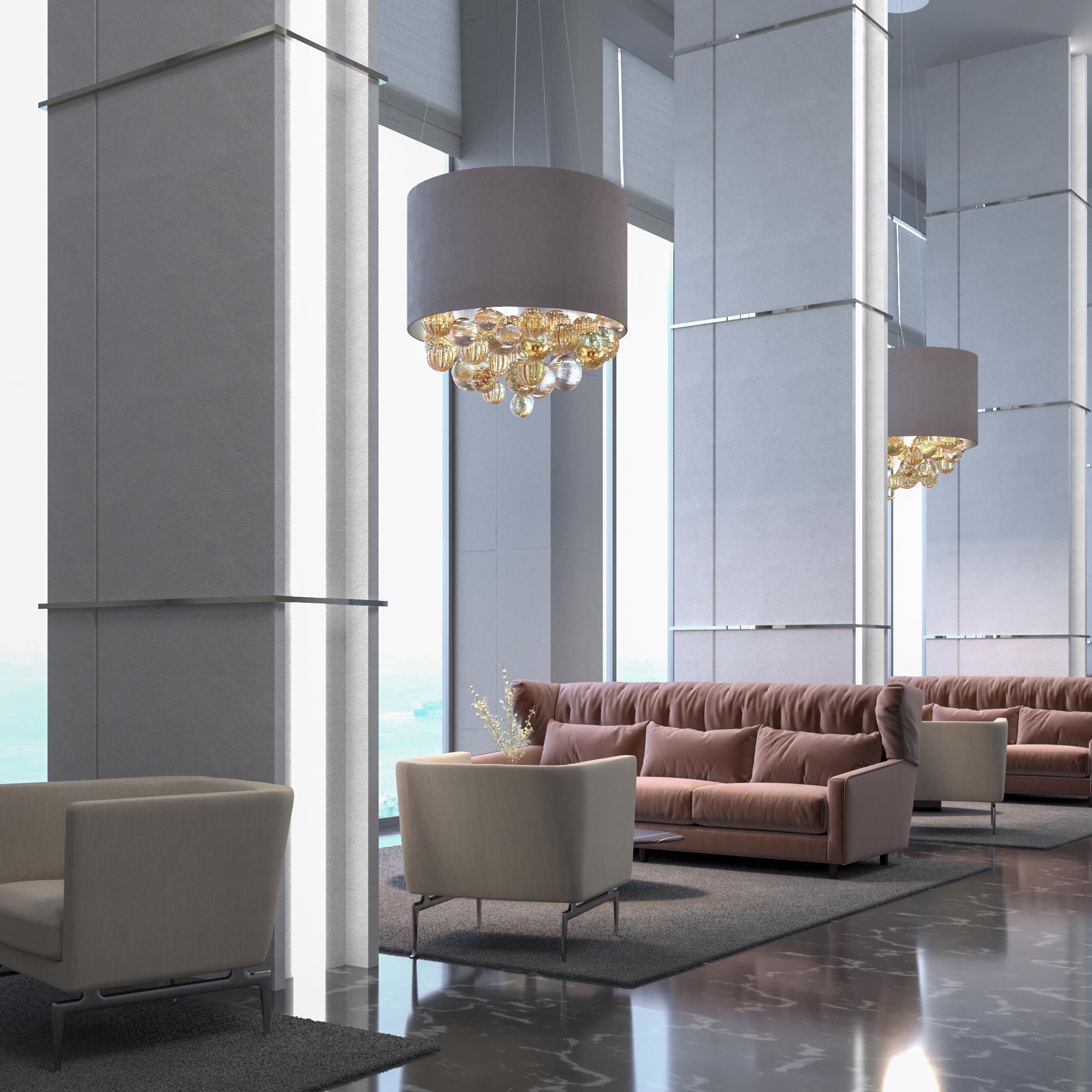 Altro Lampada a sospensione artistica Elementi in vetro ambrato, paralume bianco di Multiforme in vendita