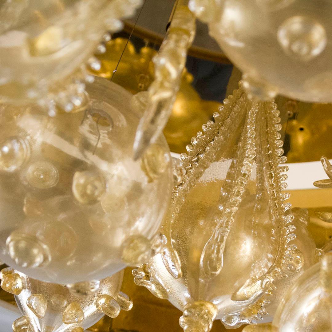 Artistic Suspension Lamp Gold leaf Glass elements, Ivory Lampshade by Multiforme In New Condition For Sale In Trebaseleghe, IT