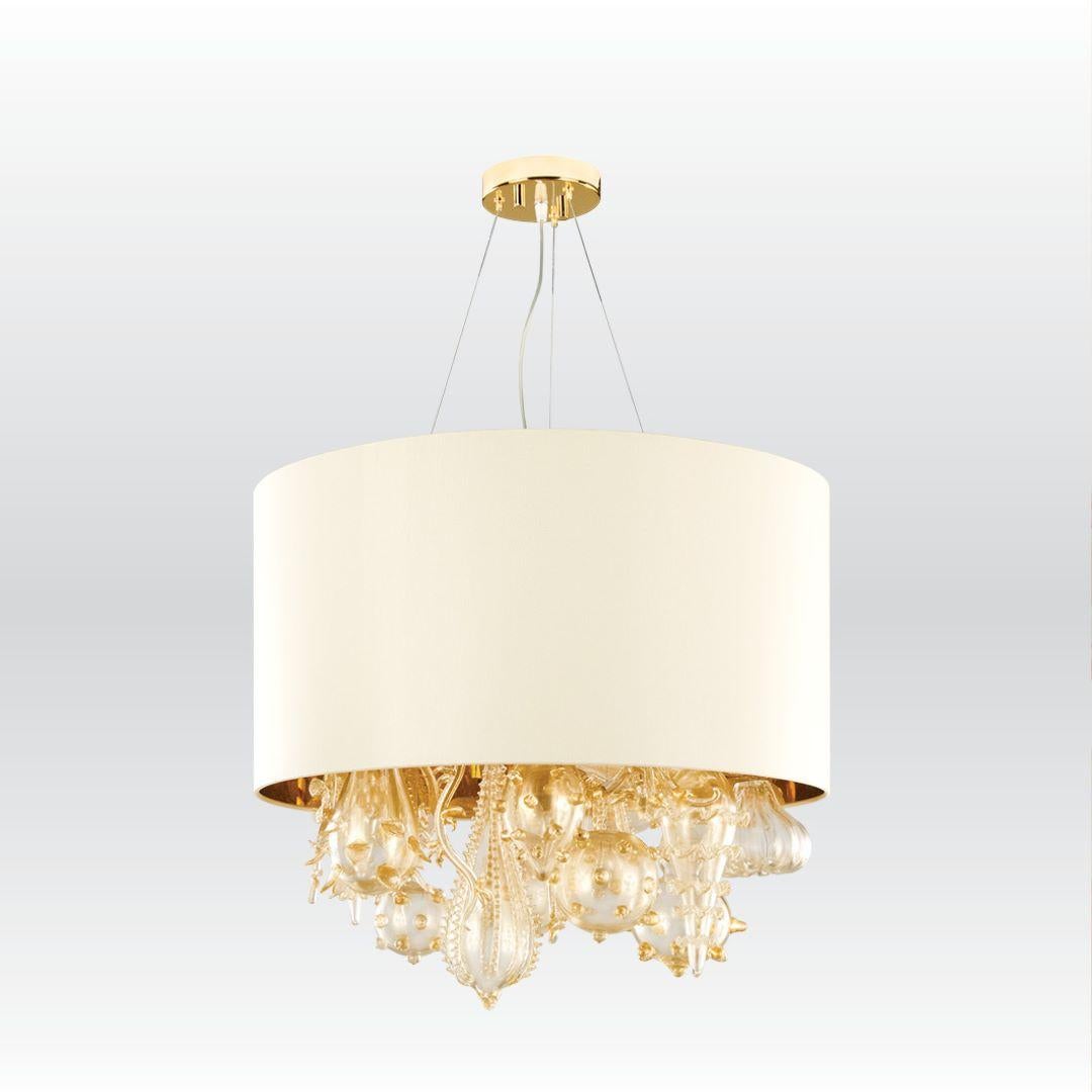 Contemporary Artistic Suspension Lamp Gold leaf Glass elements, Ivory Lampshade by Multiforme For Sale
