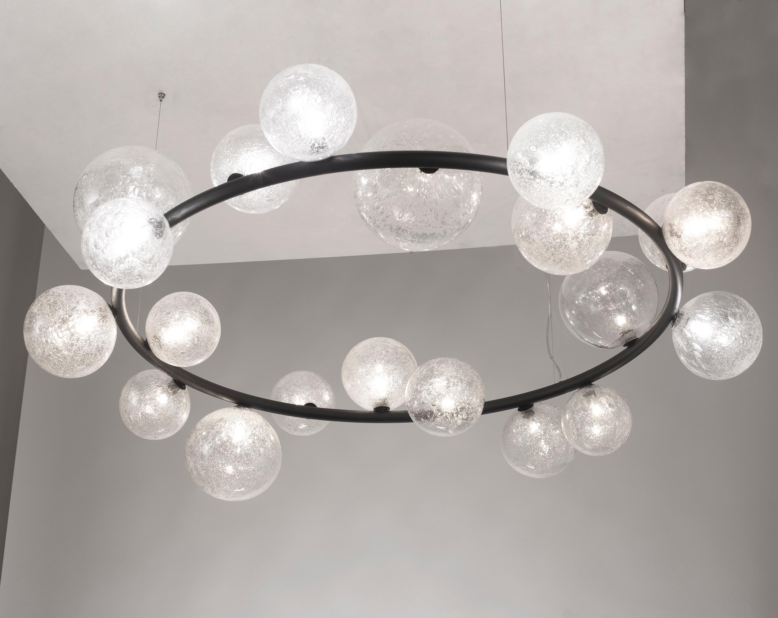 Other Artistic Suspension Ring lamp Murano Glass Spheres Black Fixture by Multiforme For Sale