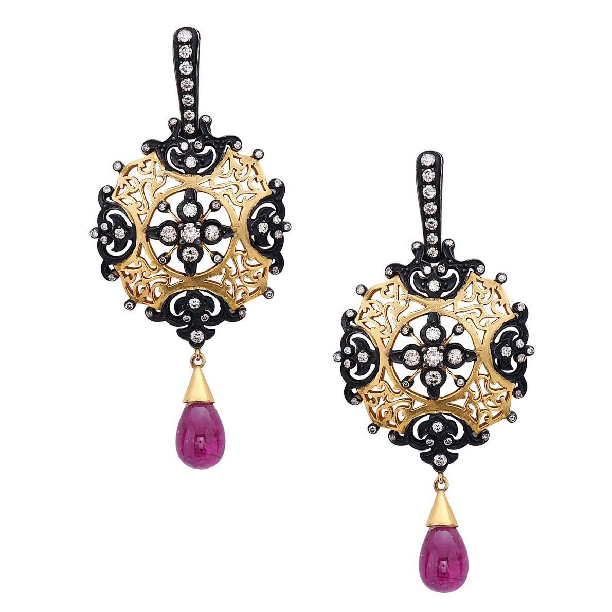Artistic Tourmaline & Diamond Cut-Out Earrings Made In 14k Gold & Silver For Sale