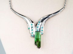 Artistic Tourmaline Rough Pendant with Paraiba and Diamond Necklace PT900 V1150