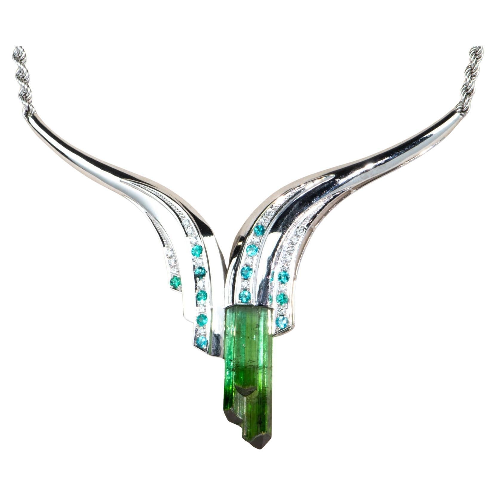 Colgante Artístico de Turmalina en bruto con Paraiba y Collar de Diamantes PT900 V1150