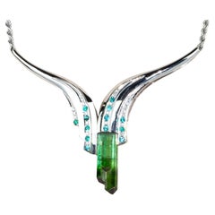Colgante Artístico de Turmalina en bruto con Paraiba y Collar de Diamantes PT900 V1150