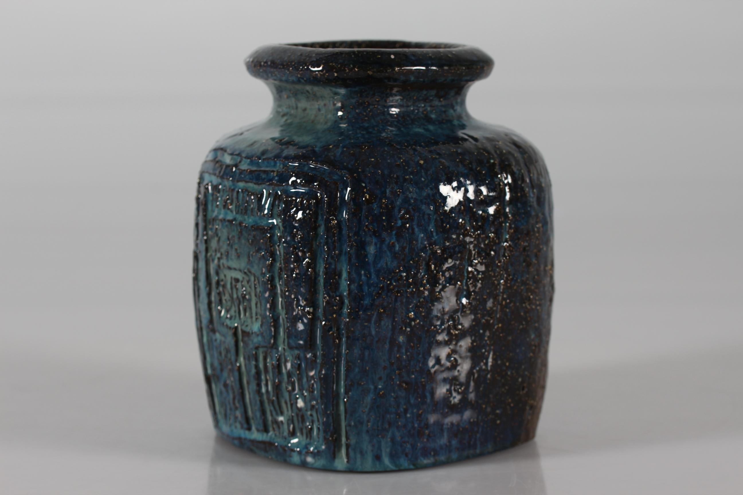 Scandinavian Modern Artistic vase by Danish Sejer Ceramic Studio Pottery Brutalist Rustic Blue 1970s For Sale