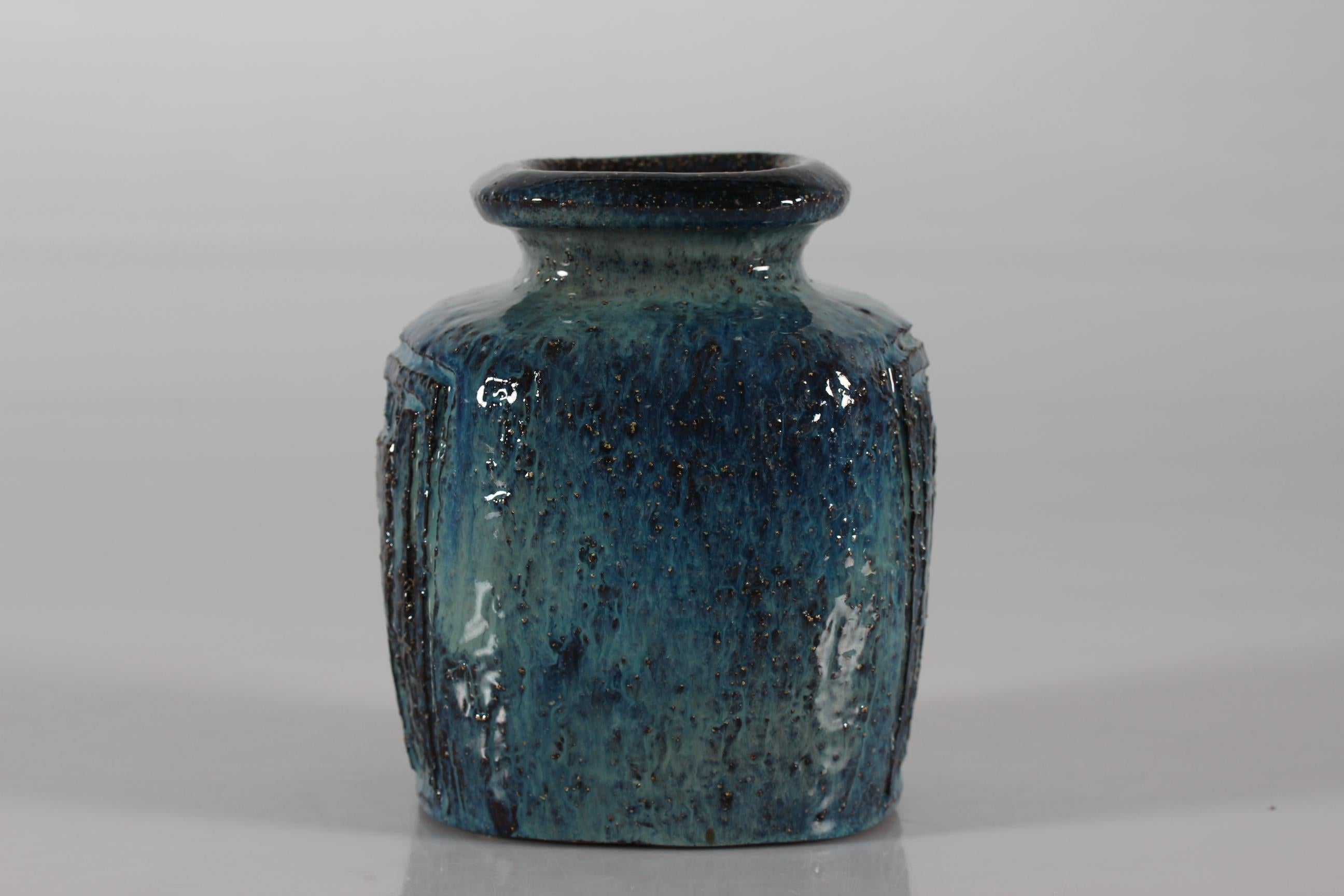 20th Century Artistic vase by Danish Sejer Ceramic Studio Pottery Brutalist Rustic Blue 1970s For Sale