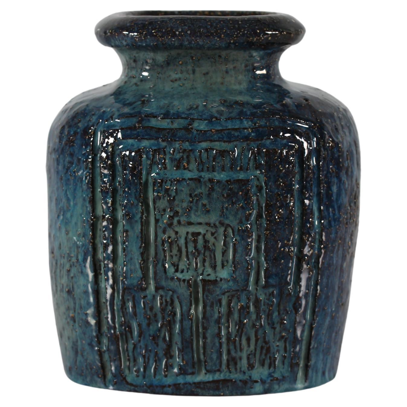 Artistic vase by Danish Sejer Ceramic Studio Pottery Brutalist Rustic Blue 1970s For Sale