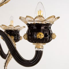 Artistic Venetian Chandelier 5arms Black Murano Glass Gold Details by Multiforme