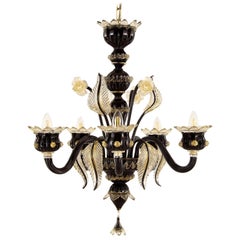 Lampadario artistico veneziano a 5 bracci in vetro di Murano nero con dettagli in oro di Multiforme