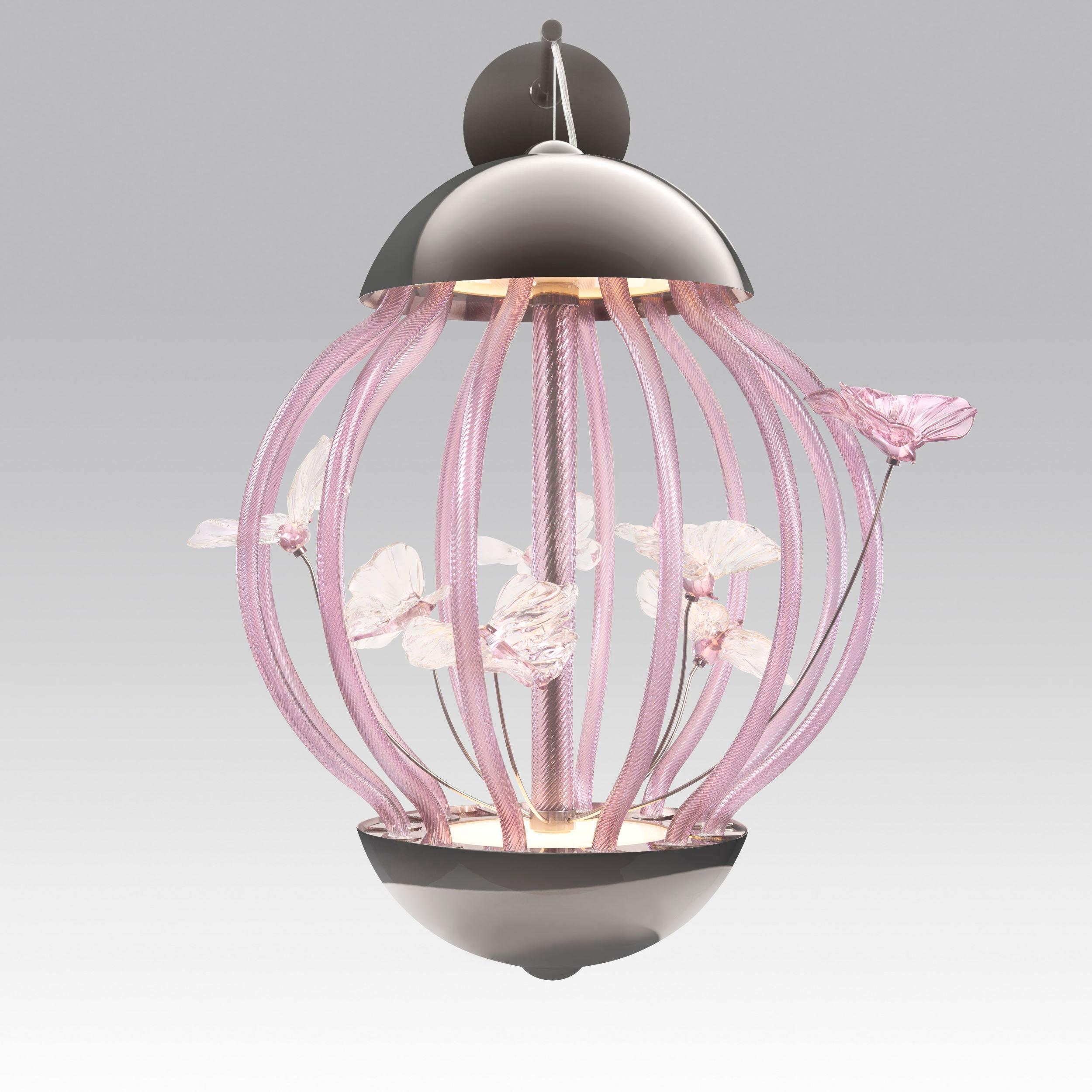 Artistische wandlampe käfig mit schmetterlingen aus amethystfarbenem Muranoglas von Multiforme (Sonstiges) im Angebot