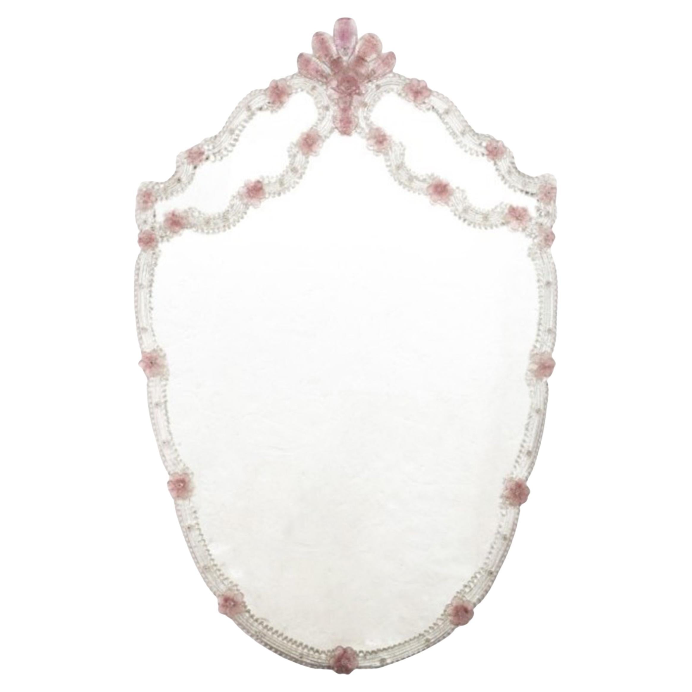 Specchio Artistico da Parete in Vetro di Murano, Trasparente e con dettagli di Fiori Rosa