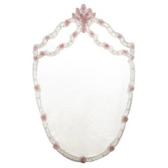 Artistic Wall Venetian Mirror in Murano Glass, Clear and Pink Flower details