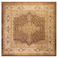 Artistic Warm Neutral Mahogany Brown Field Medallion Antique Indian Agra Rug