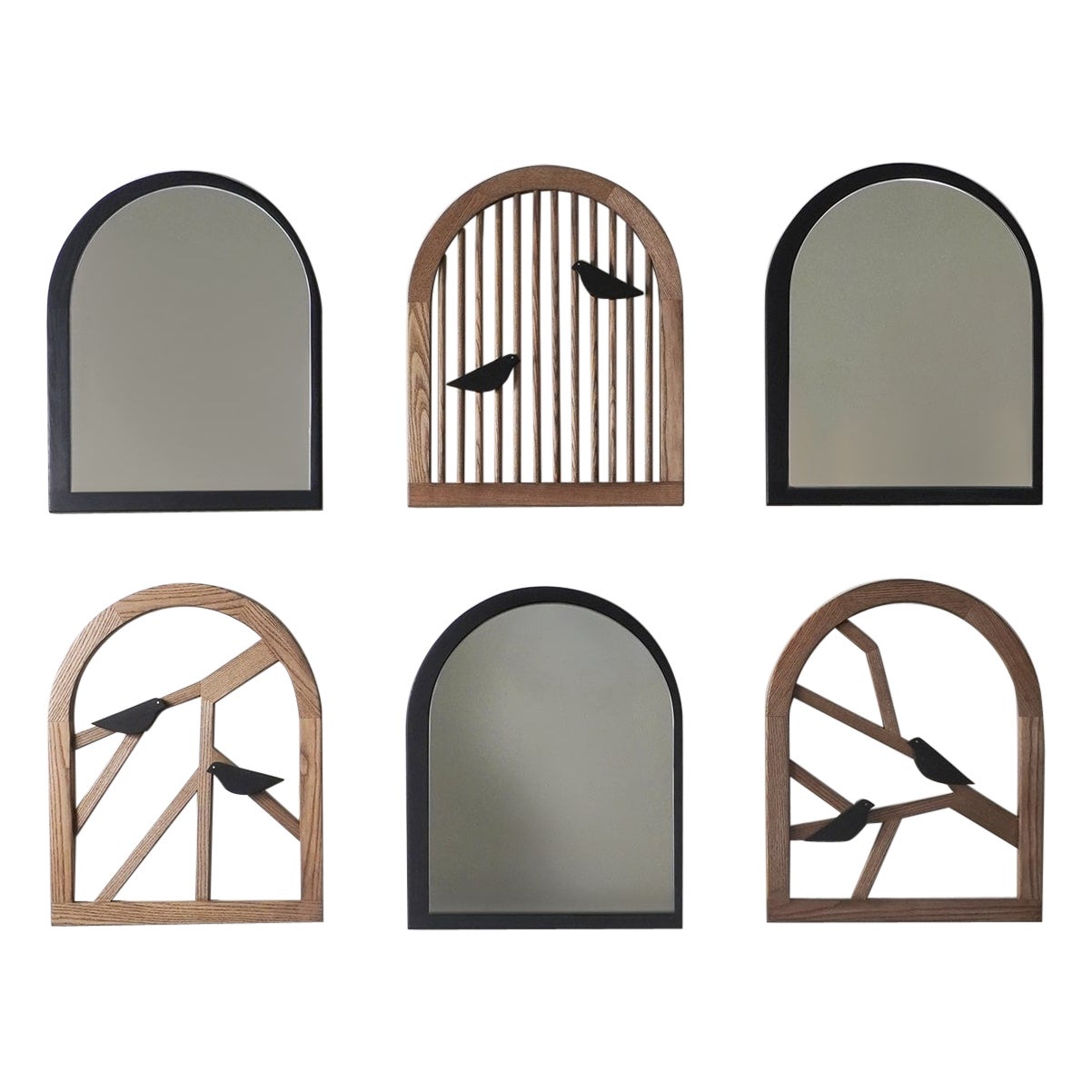 Artistic wood wall art decor & mirrors with handcrafted Birds & brass- set of 6 For Sale