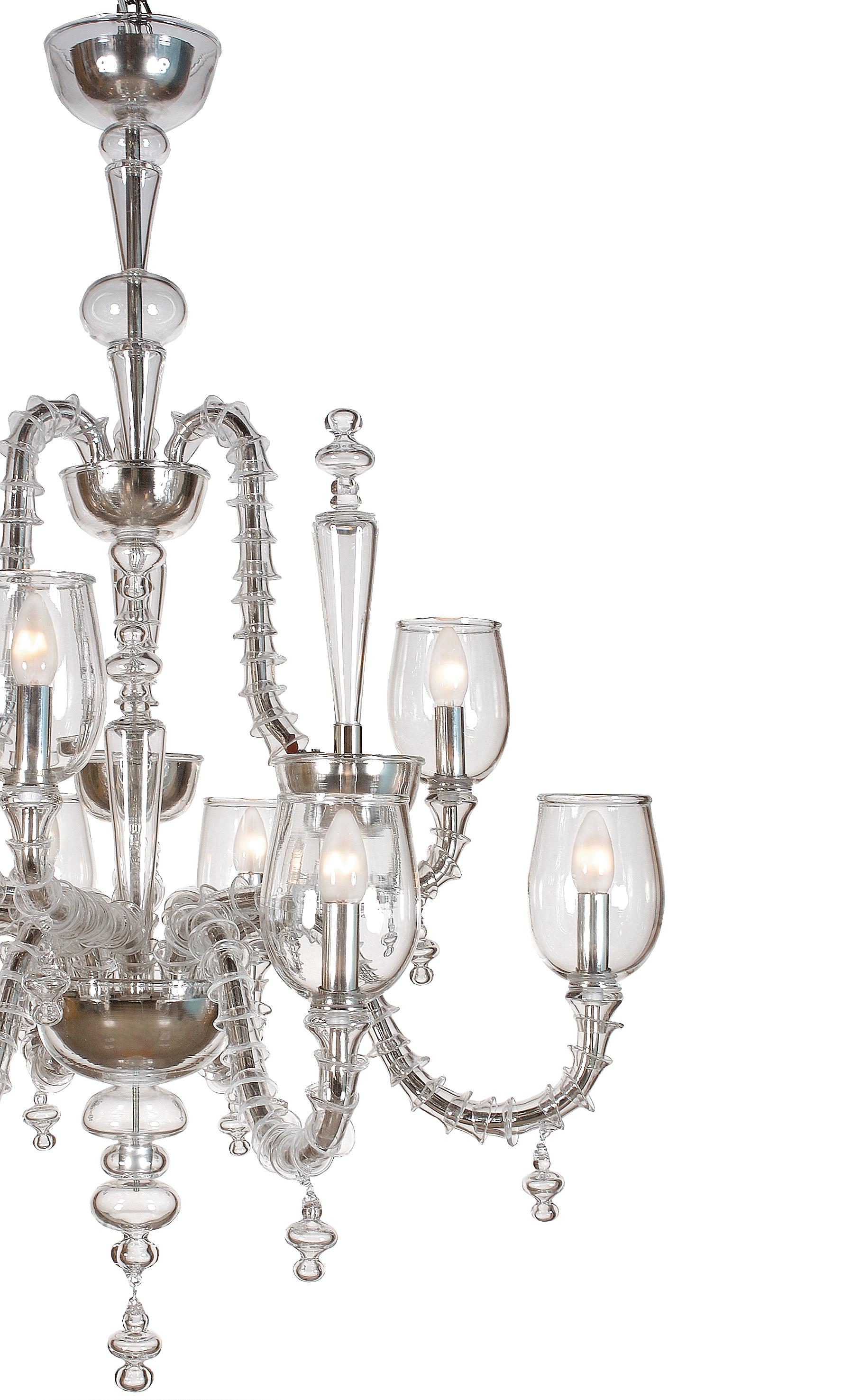Discover the timeless elegance of Rezzonico style chandeliers, one of the oldest and most beloved chandelier designs made in Murano, here in a modern transparent version. The peculiarity of this style is its exquisite composition, with each arm made