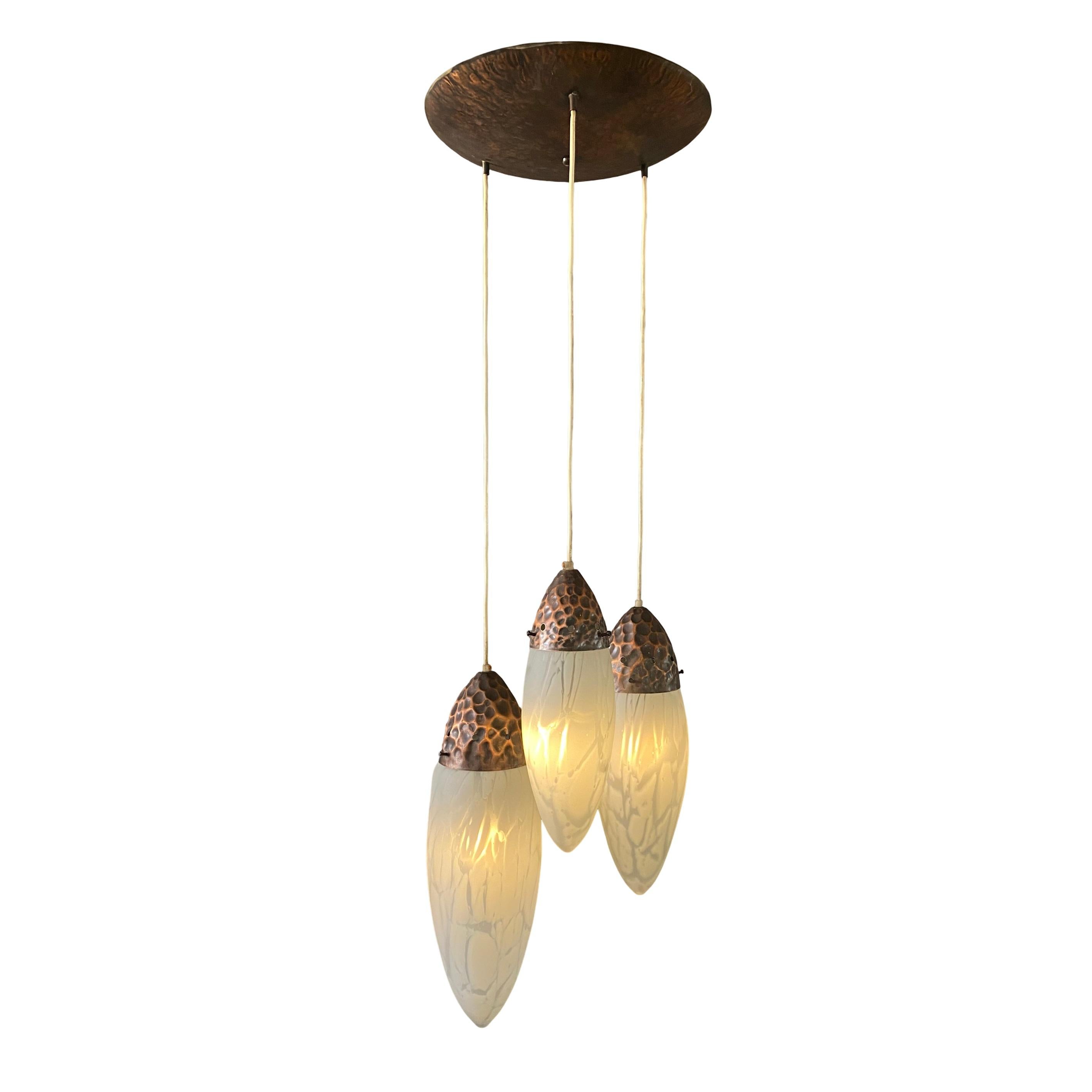 Very rare handcrafted Ceiling fixture in hammered copper and handmade glass shades by Elisabeth L. Szabo, Hungarian Glass artist. 
The lamp was sold through Hungarian government owned art gallery in the mid 60's  and permition for sale was 
issued
