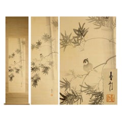 Vintage Artists Miyao Jujin, Showa Period Bird and Plum Scroll Japan 20c Artist Nihonga