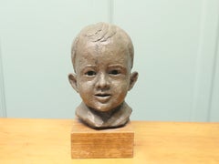 Mid-Century Modern Clay Bust of Young Smiling Boy, Signed, 1940s