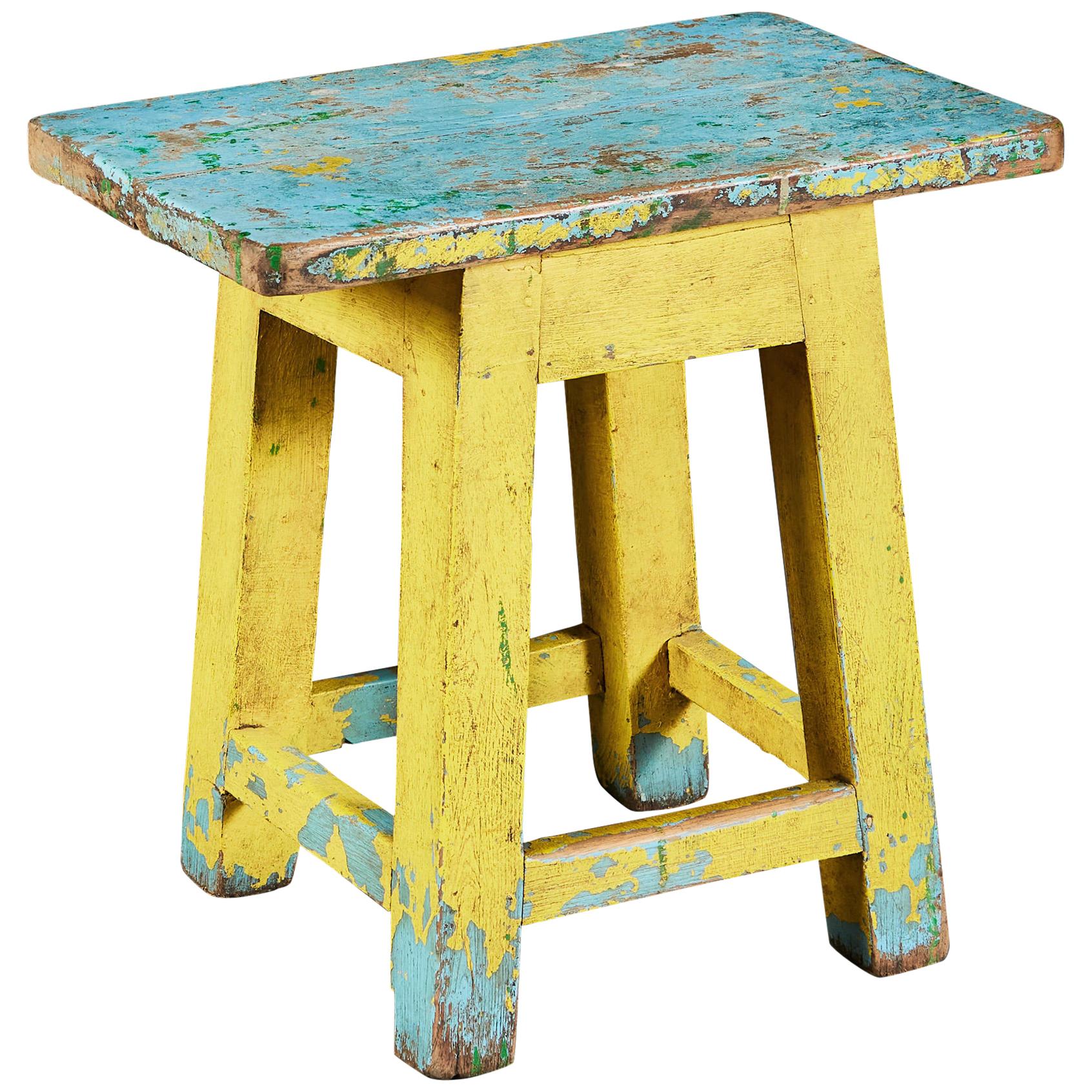 Artist's Painting Stool in Blue and Yellow Painted Wood