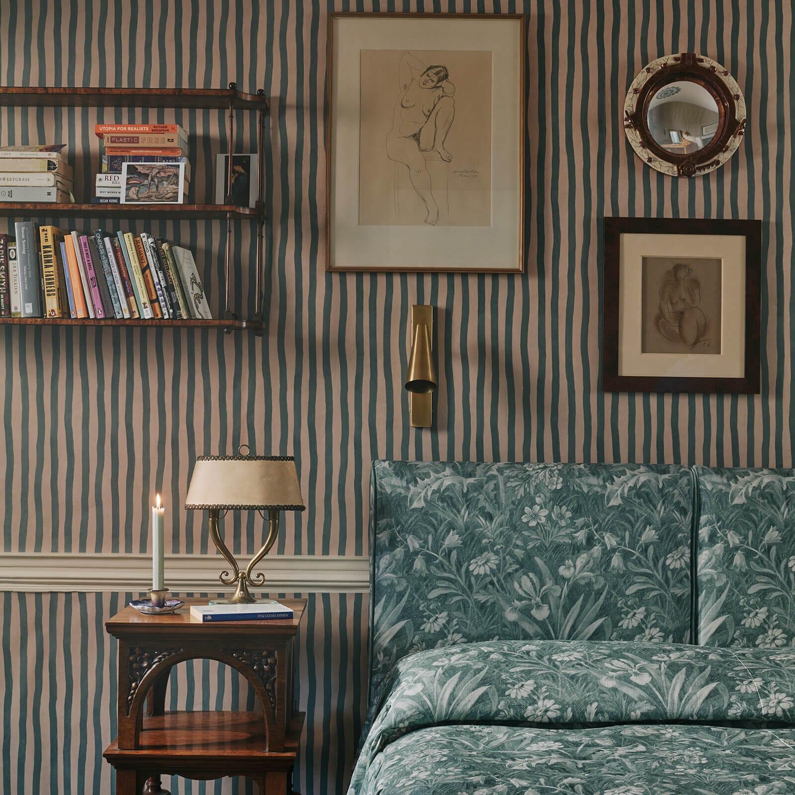 Swedish ARTIST'S STRIPE Wallpaper - Euphorbia & Alabaster For Sale