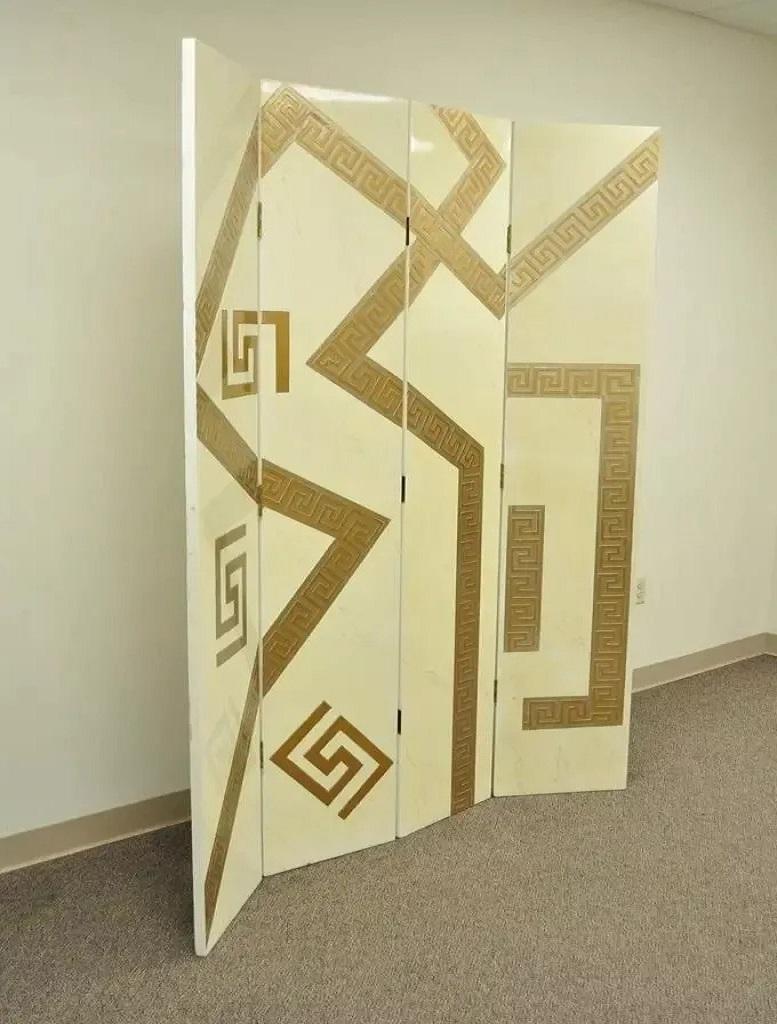 Sconosciuto Artmax Divisorio per ambienti in stile Hollywood Regency con chiave greca a 4 pannelli con schermo in oro crema in vendita