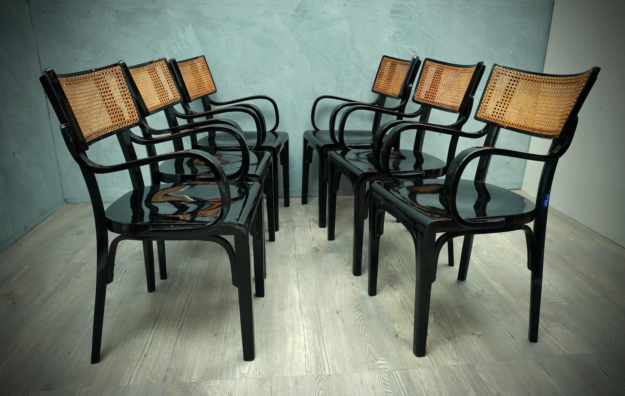 Artnouveau Black Wood and Vienna Straw Chairs, 1910 For Sale 2