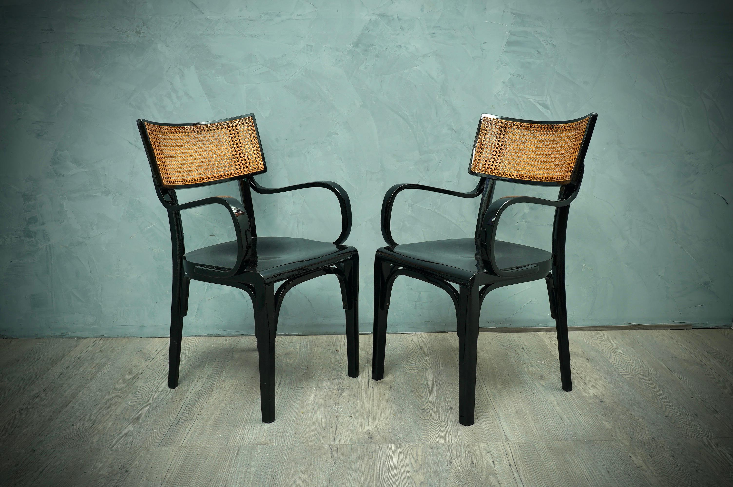 Art Nouveau Artnouveau Black Wood and Vienna Straw Chairs, 1910 For Sale
