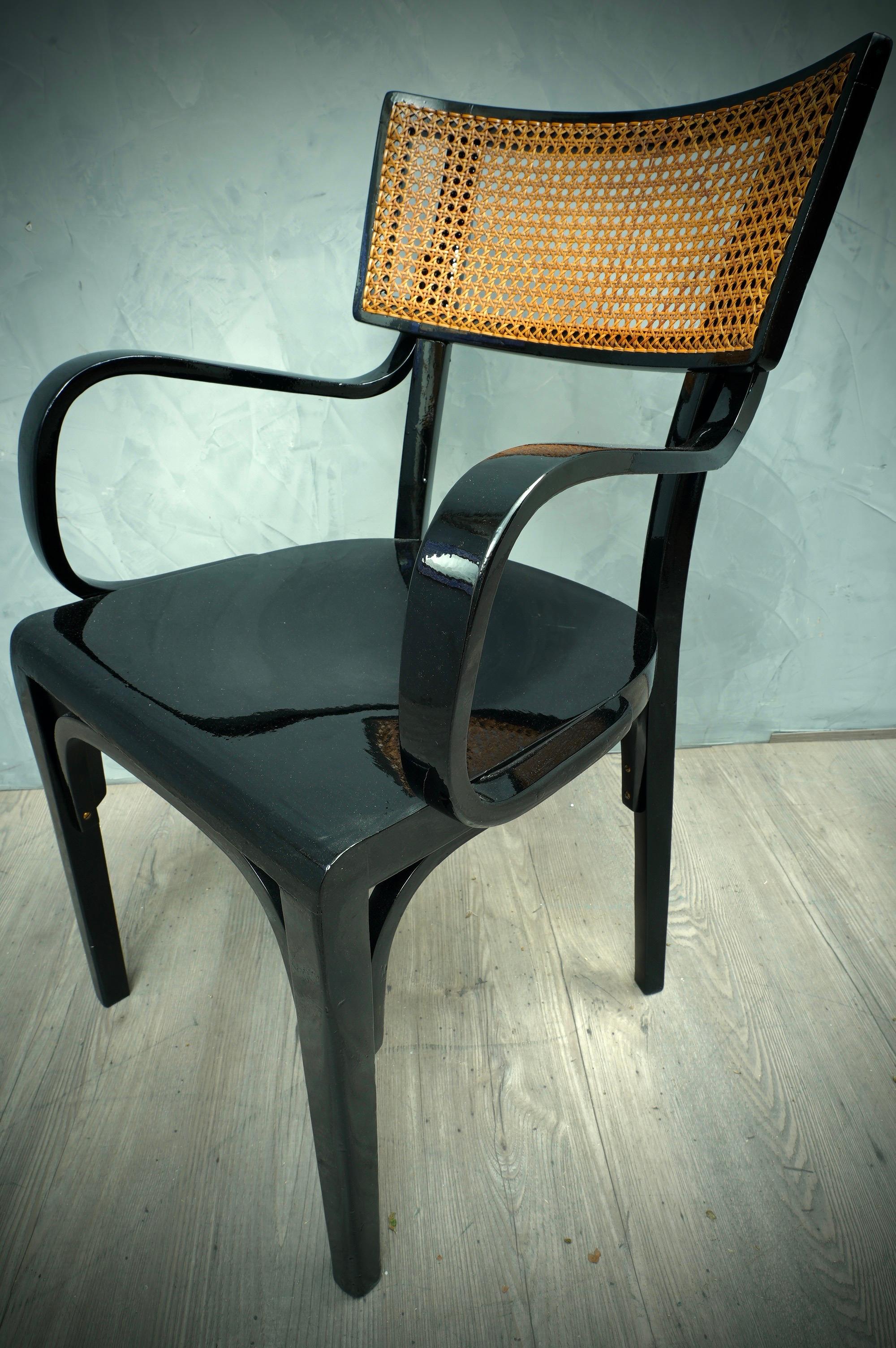 Italian Artnouveau Black Wood and Vienna Straw Chairs, 1910 For Sale