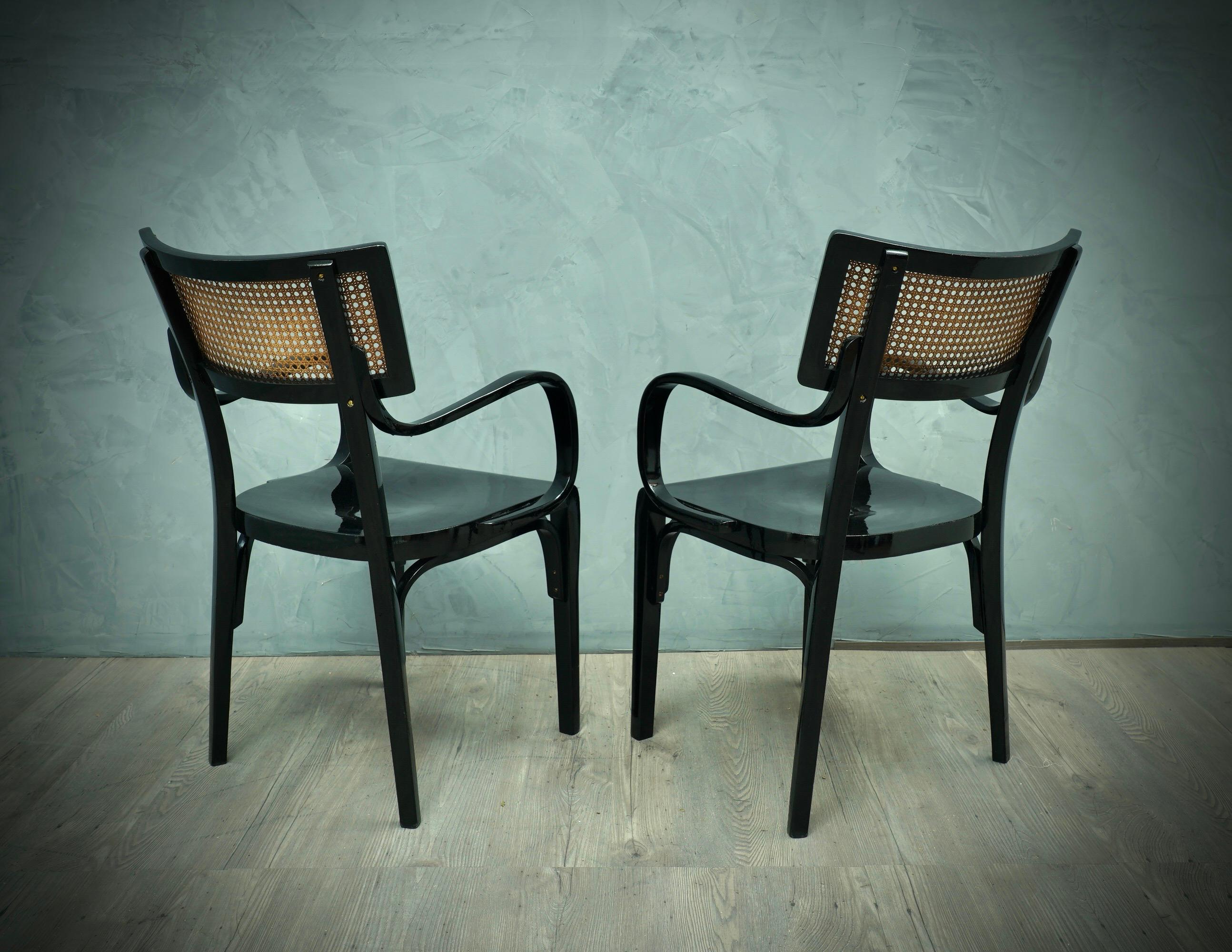 Early 20th Century Artnouveau Black Wood and Vienna Straw Chairs, 1910 For Sale