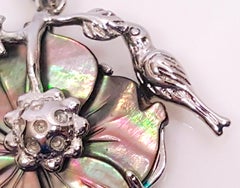 ArtNouveau Carved Abalone 18K WhiteGold HighRelief Asymmetric Flora&Bird Pendant