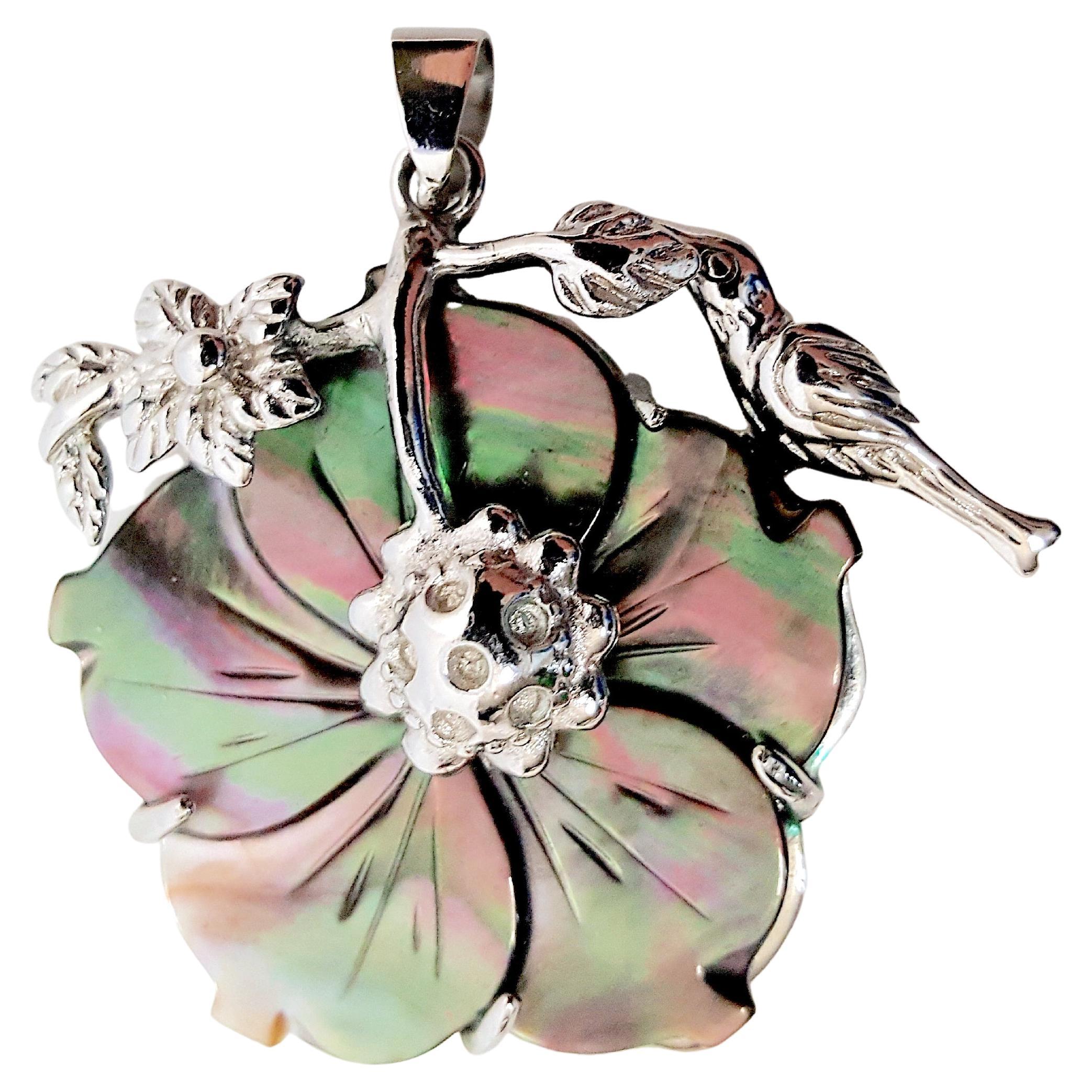 ArtNouveau Carved Abalone 18K WhiteGold HighRelief Asymmetric Flora&Bird Pendant For Sale