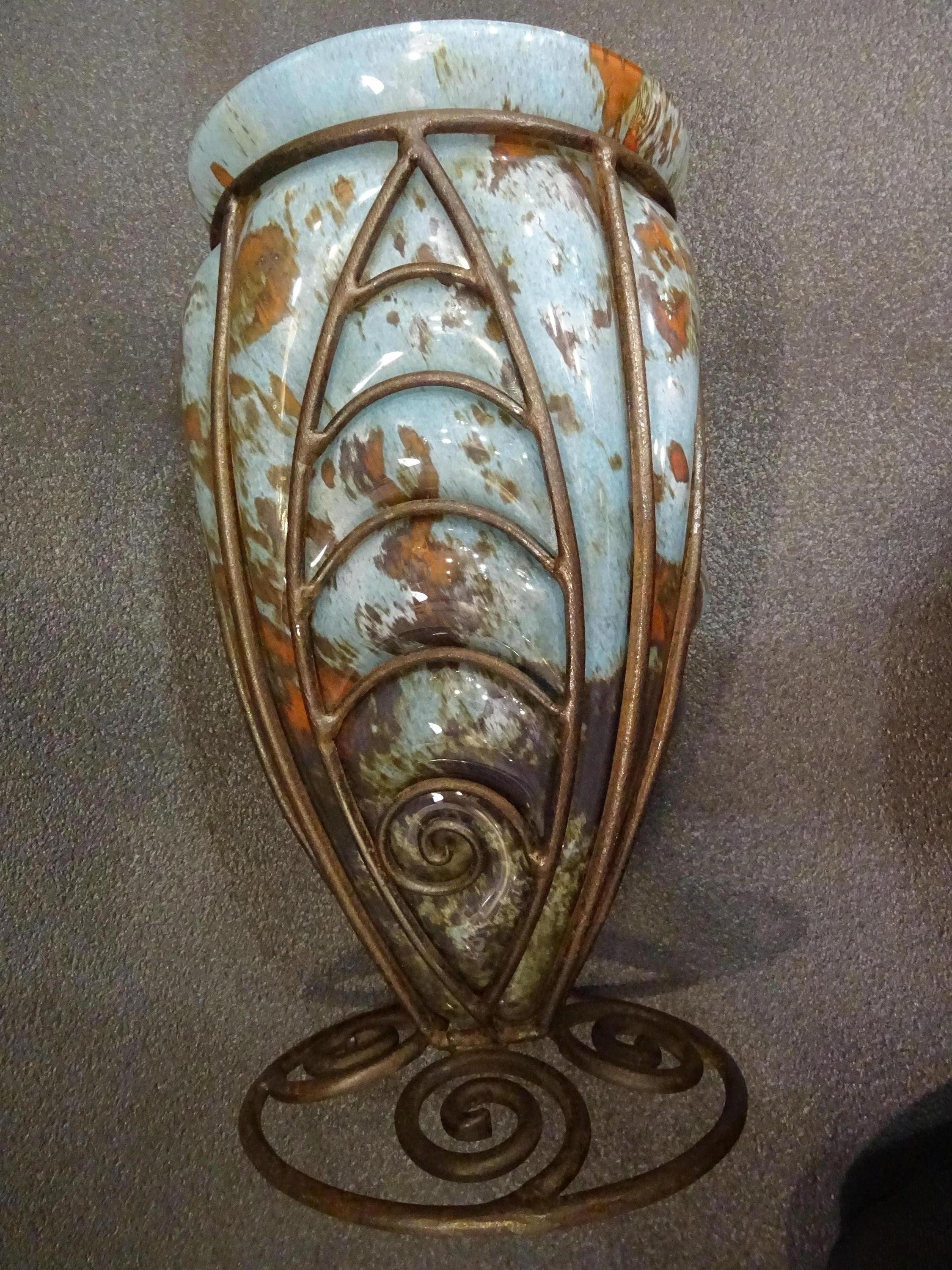 Art Nouveau French Blue Vase Blownglass and Forging, Nancy School 3
