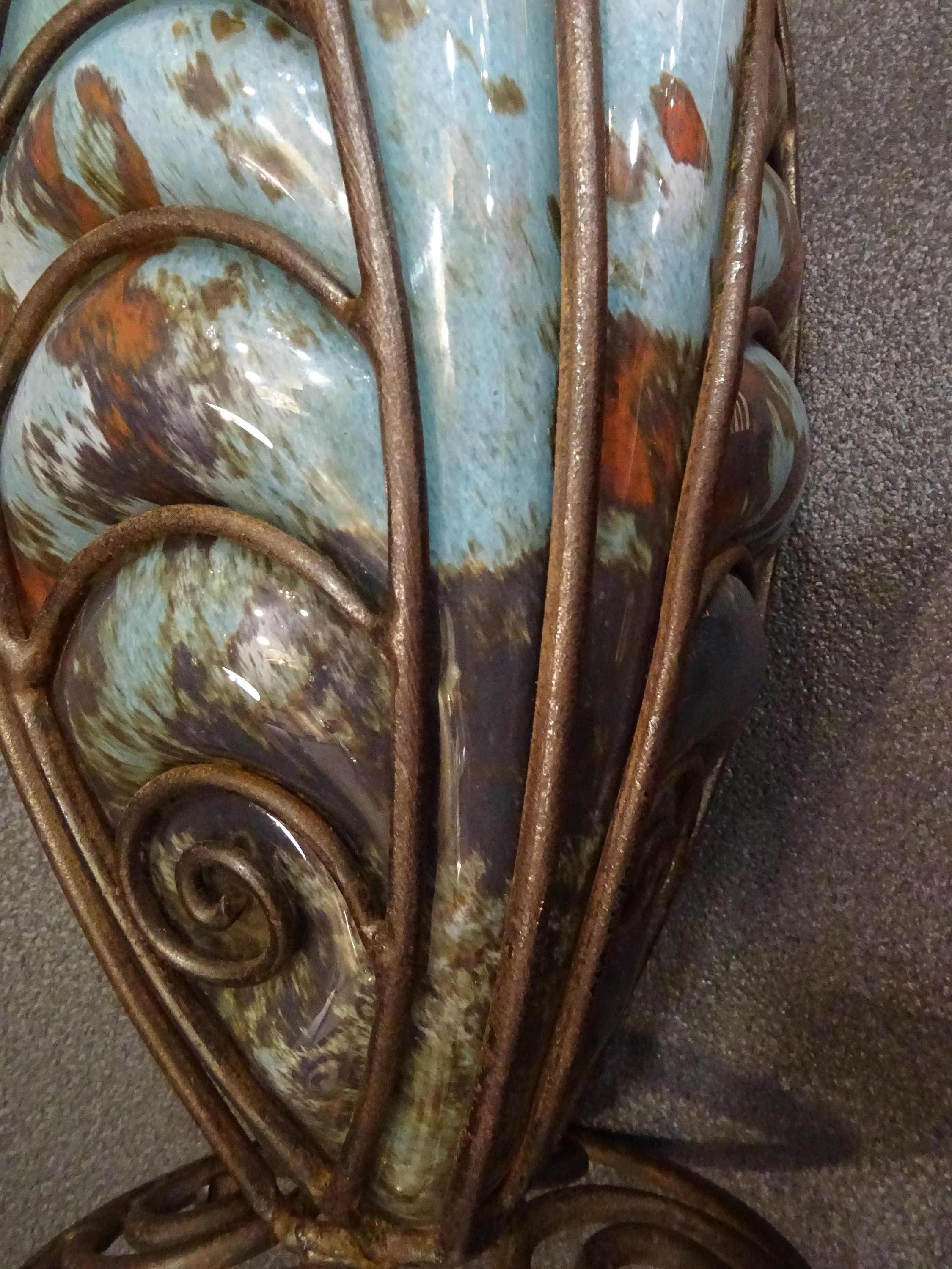 Art Nouveau French Blue Vase Blownglass and Forging, Nancy School 5